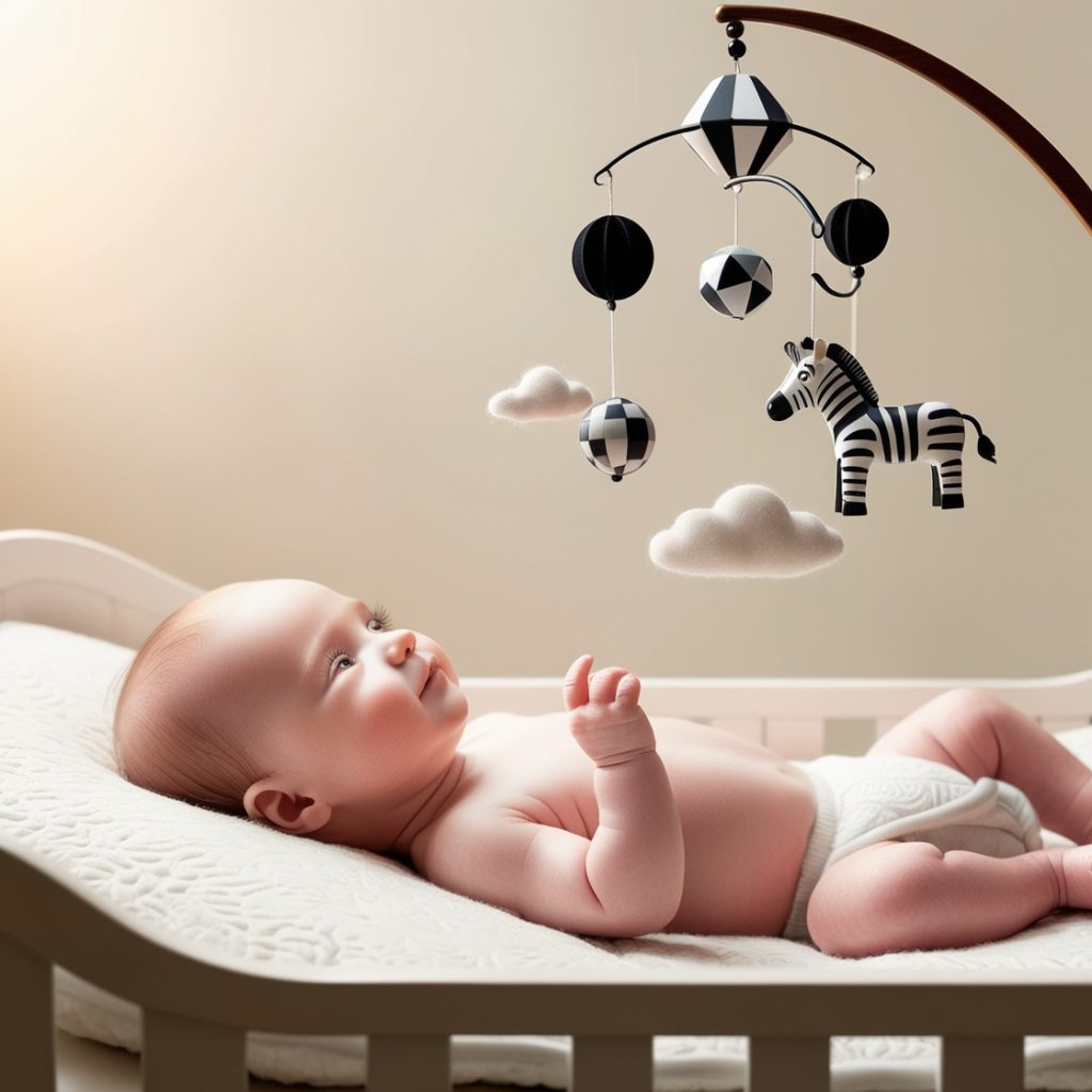 What can my 1-month old baby see: Newborn in crib with black-and-white mobile for visual development